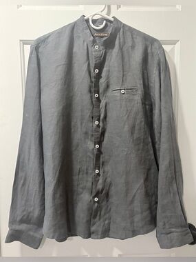 Island Importer Charcoal Grey Band Collar Linen Shirt Size Medium